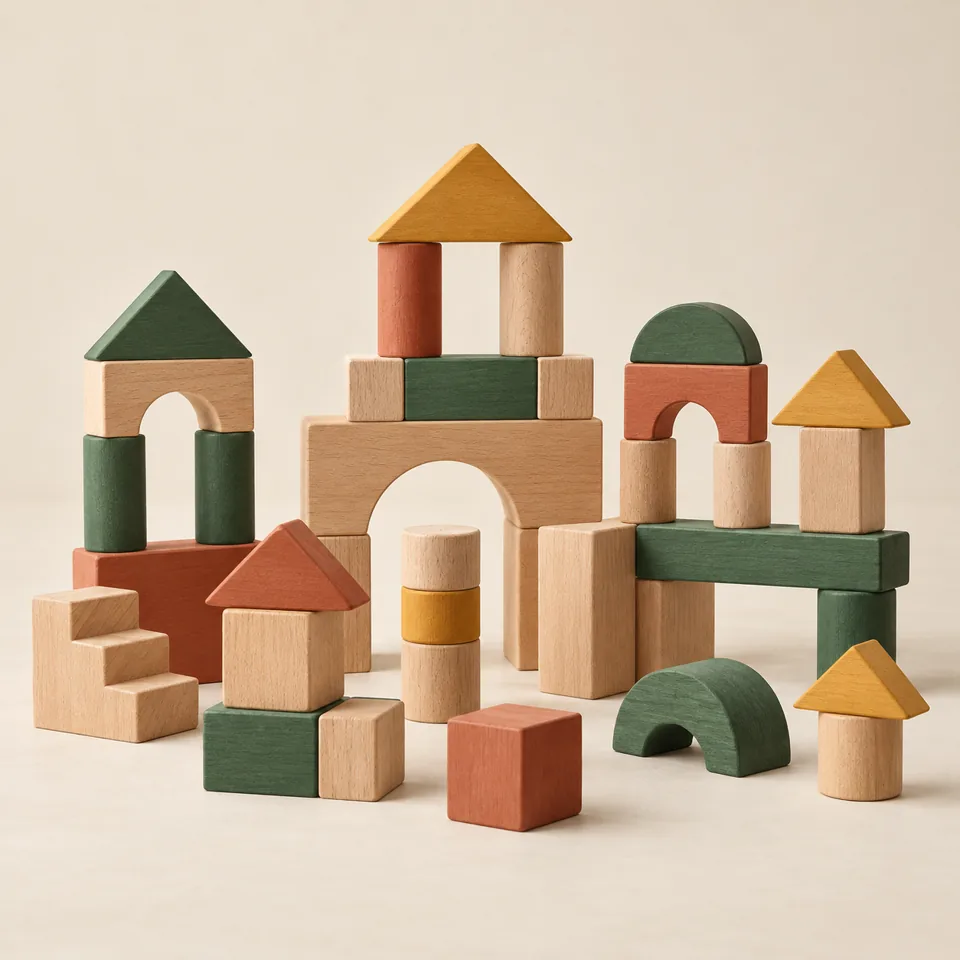 Natural wooden arches, towers and blocks in warm wood, green, ochre and terracotta colours.