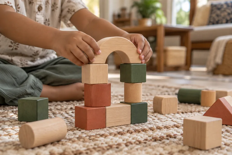 A child placing a wooden arch on a tower of blocks while exploring balance and stacking.