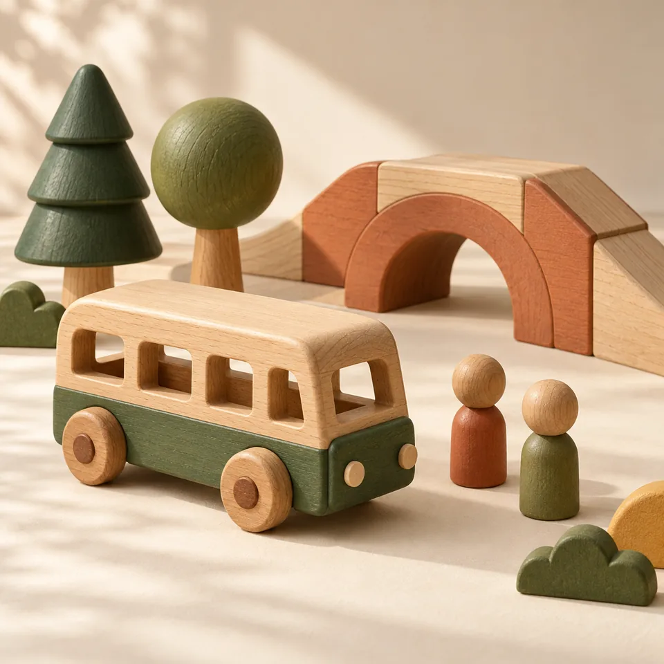 A wooden toy bus, peg figures, bridge and trees arranged for imaginative play.
