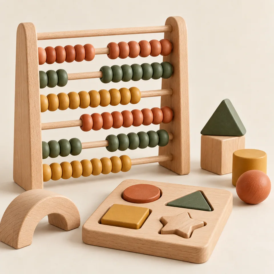 A wooden counting abacus and geometric sorting toys in gentle natural colours.