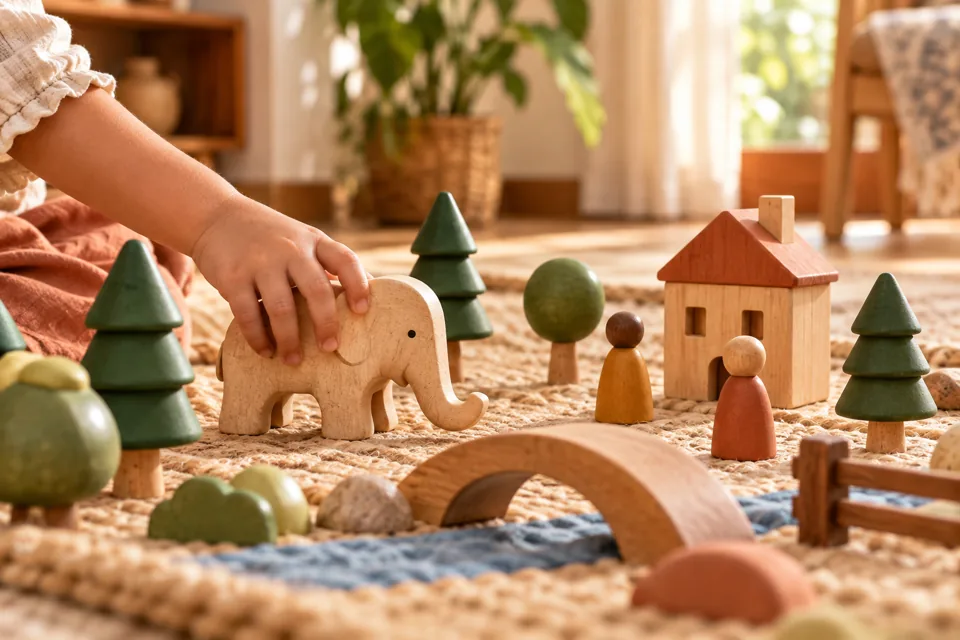 A child moving a wooden elephant through a pretend village with trees and peg figures.