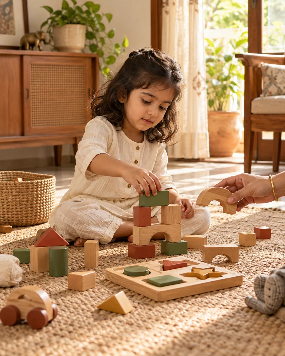 A child building with wooden blocks while a parent offers a wooden arch during playtime at home.