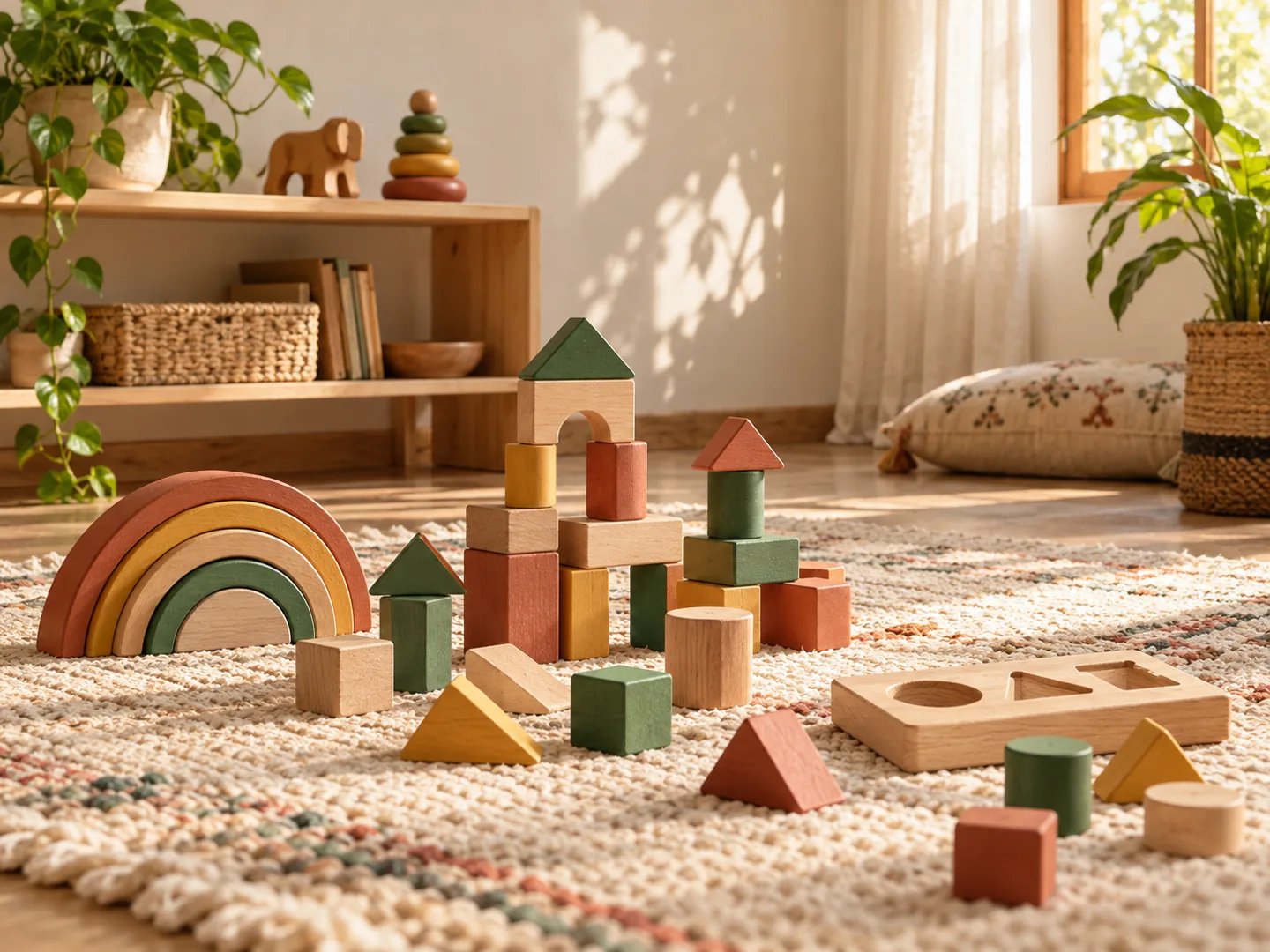 Wooden blocks, a rainbow stacker and a shape puzzle in a warm, sunlit play corner.