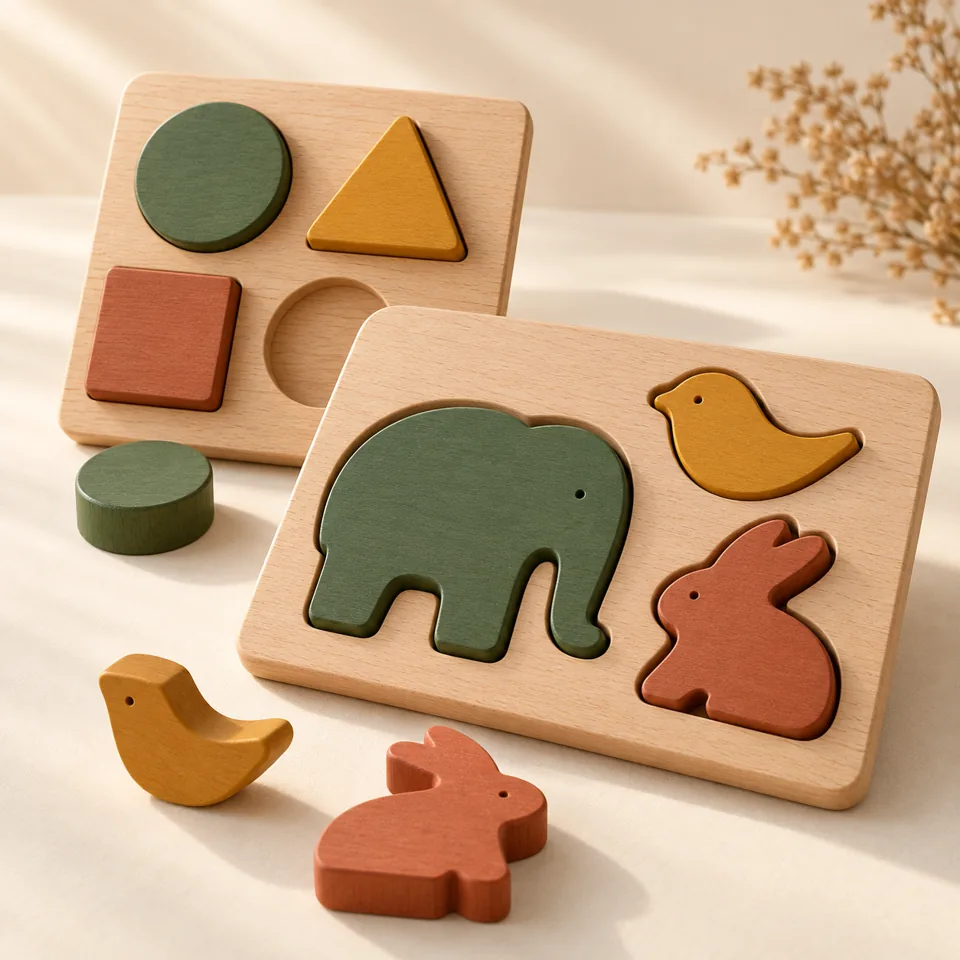 Wooden animal and shape puzzles with chunky colourful pieces.