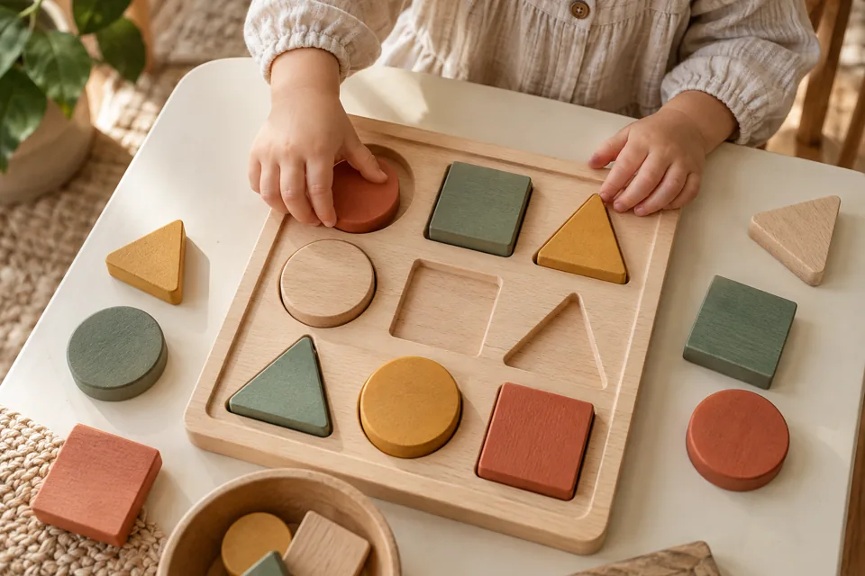 A child's hands exploring colourful wooden shapes and a sorting tray.